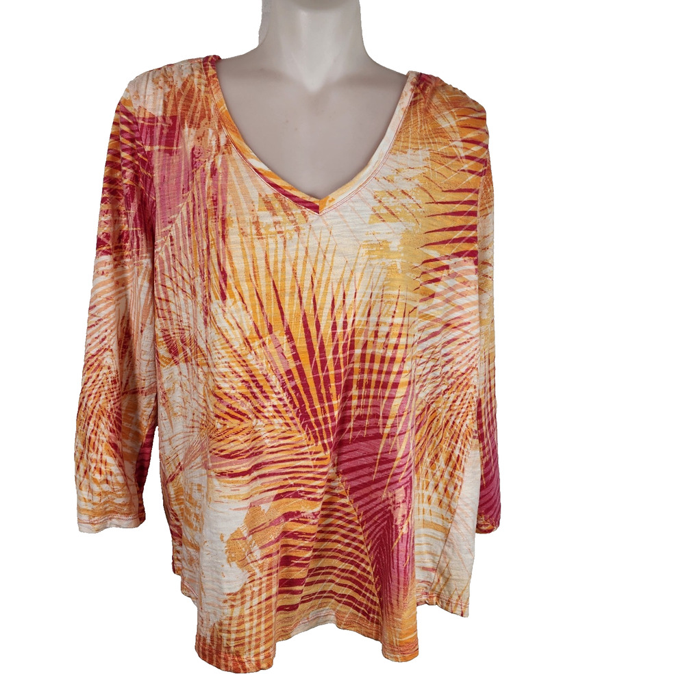 Chicos Women’s Top V Neck Pullover Orange Pink Large Ruched 3/4 Sleeve Colorful